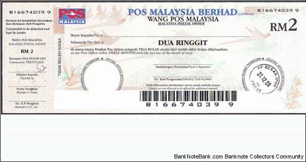 Perak 2009 2 Ringgit postal order. Banknote