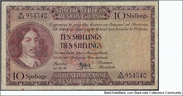 South Africa 1958 10 Shillings.

English on Top type. Banknote