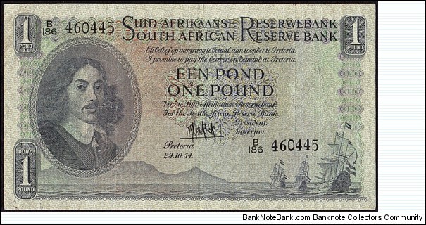 South Africa 1954 1 Pound.

Afrikaans on Top type. Banknote