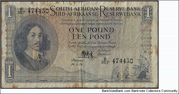 South Africa 1959 1 Pound.

English on Top type. Banknote