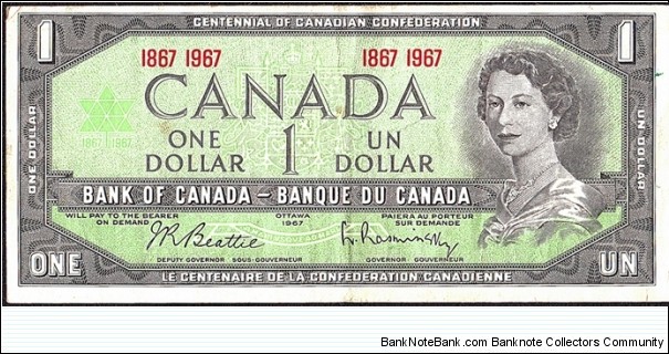 Canada 1967 1 Dollar.

Centenary of Canadian Confederation.

Double dates instead of serial numbers. Banknote