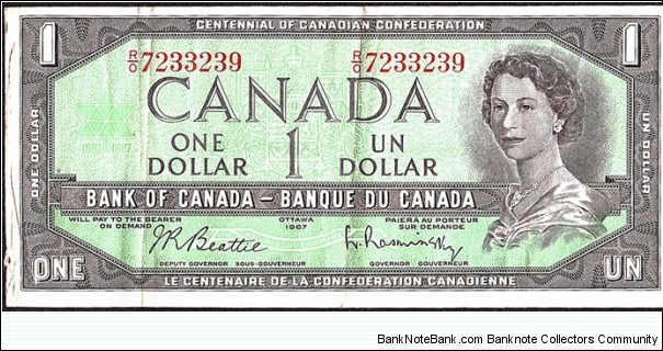 Canada 1967 1 Dollar.

Centenary of Canadian Confederation.

Serial numbers. Banknote