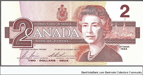 Canada 1986 2 Dollars.

Plate no. 64. Banknote