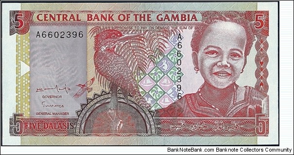 The Gambia N.D. 5 Dalasis.

Serial numbers printed unevenly. Banknote