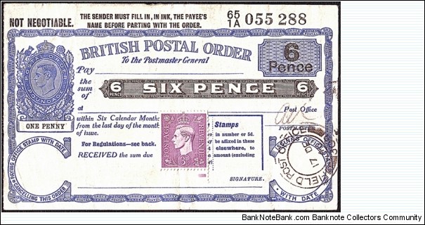 British Field Post Office in Egypt 1945 6 Pence postal order. Banknote