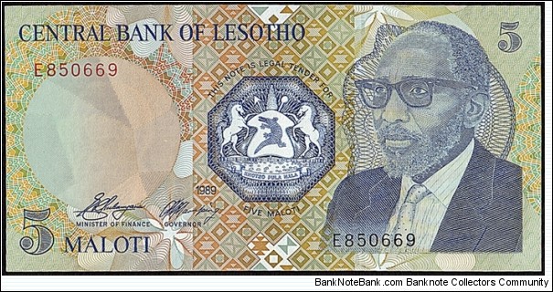 Lesotho 1989 5 Maloti. Banknote