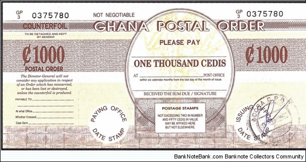 Ghana 1995 1,000 Cedis postal order. Banknote