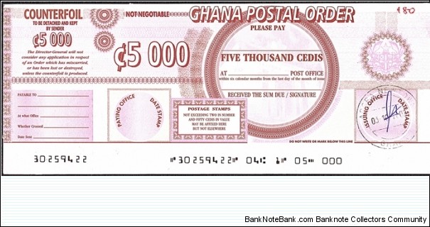 Ghana 2002 5,000 Cedis postal order. Banknote