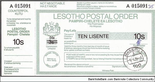 Lesotho 1996 10 Lisente postal order. Banknote