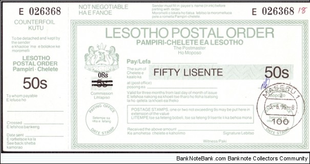 Lesotho 1996 50 Lisente postal order. Banknote