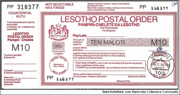 Lesotho 1998 10 Maloti postal order. Banknote