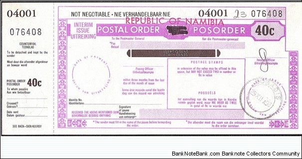 Namibia 1993 40 Cents postal order. Banknote