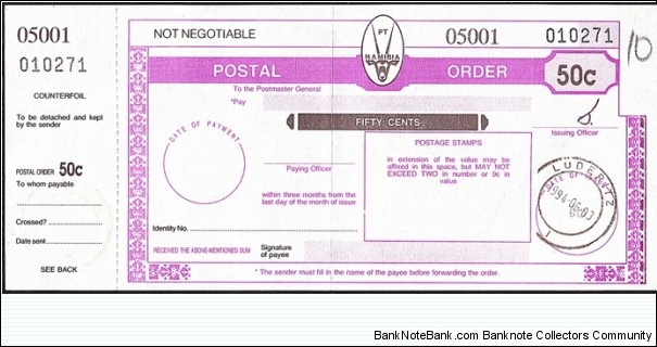 Namibia 1994 50 Cents postal order. Banknote