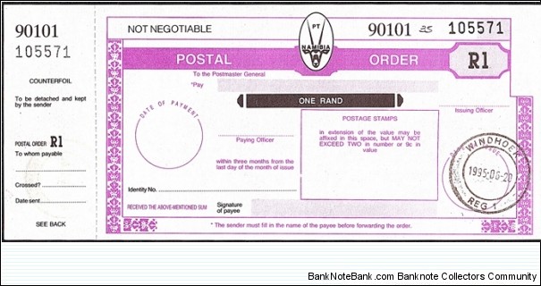 Namibia 1995 1 Rand postal order. Banknote