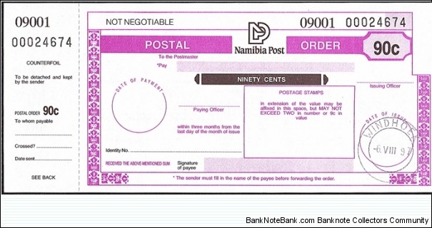 Namibia 1997 90 Cents postal order. Banknote