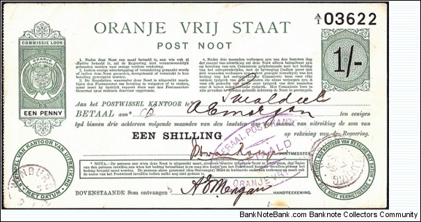 Orange Free State 1899 1 Shilling postal note. Banknote
