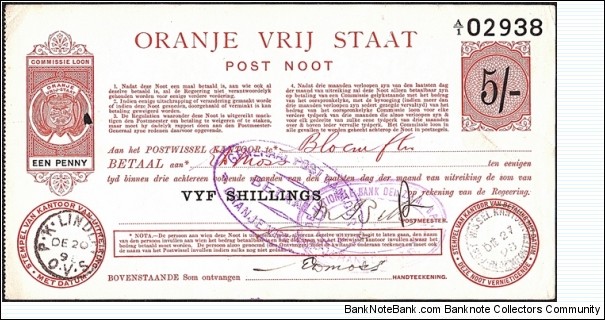 Orange Free State 1898 5 Shillings postal note. Banknote