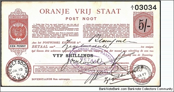 Orange Free State 1899 5 Shillings postal note. Banknote