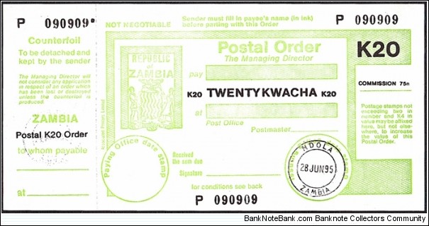 Zambia 1995 20 Kwacha postal order. Banknote