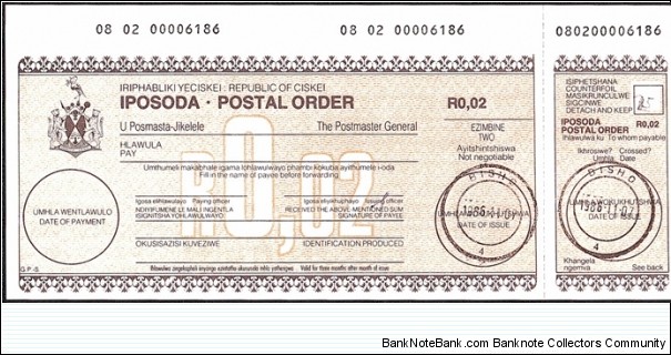 Ciskei 1986 2 Cents postal order. Banknote