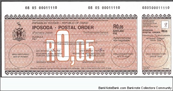 Ciskei 1992 5 Cents postal order. Banknote
