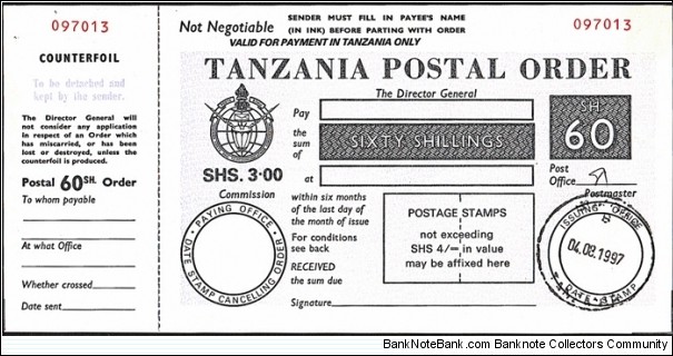 Tanganyika 1997 60 Shillings postal order. Banknote