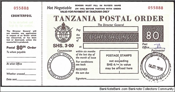 Tanganyika 1996 80 Shillings postal order. Banknote