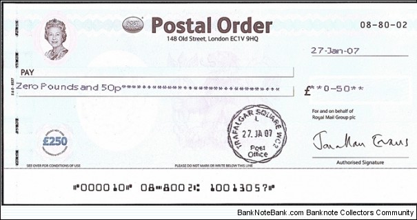 England 2007 50 Pence postal order. Banknote