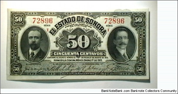 Mexico.rev  1915 10 Centavos Sonora cat 1069  Banknote