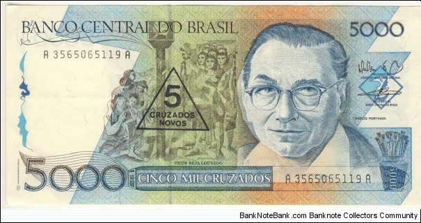 5000 Cruzados(overprinted with value 5 Cruzados Novos)  Banknote
