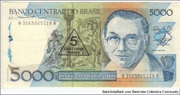 5000 Cruzados(overprinted with value 5 Cruzados Novos)  Banknote