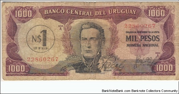 1000 Pesos(overprinted with value 1 nuevo peso-1975) Banknote