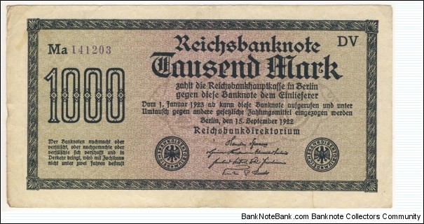 1000 Mark(Weimar Republic 1922) Banknote