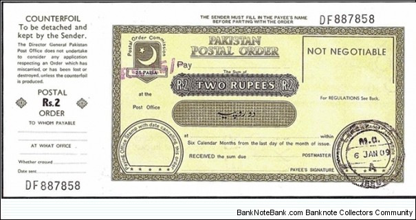 Pakistan 2009 2 Rupees postal order. Banknote