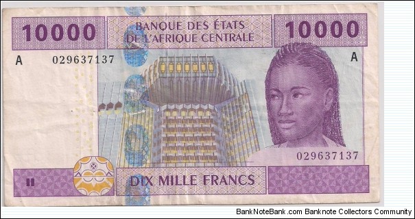 10,000 Francs , Central African CFA franc serial A Gabon  Banknote