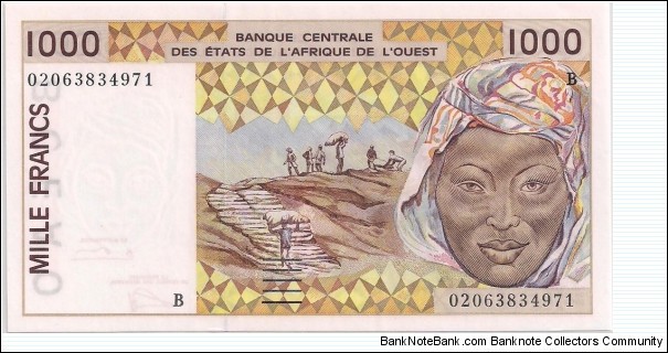 1000 Francs , The Central Bank of West African States is a central bank serving the eight west African countries (BCEAO) Serial B Benin Banknote