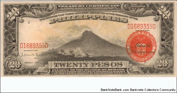 PI-85b Very RARE U.S.A. War Department Issue 20 Peso Philippine note Banknote