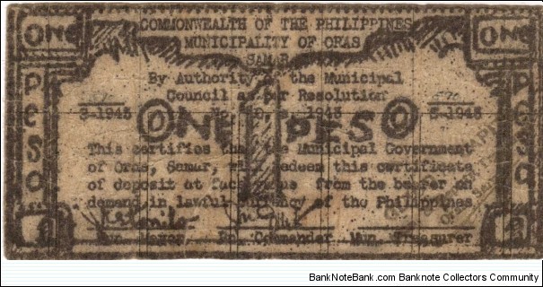 SMR-575 Commonwealth of the Philippines, Municipality of Oras Samar 1 Peso note. Banknote