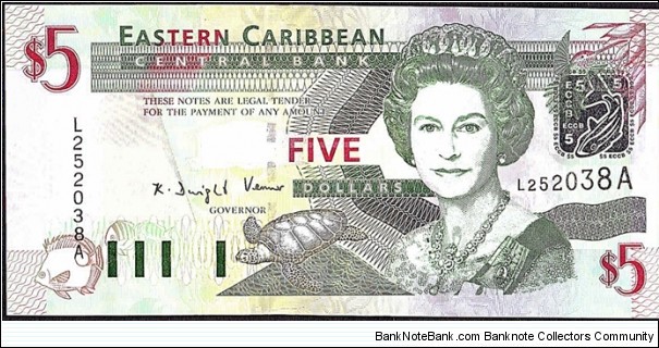 Antigua N.D. (2003) 5 Dollars.

Cut off-centre. Banknote