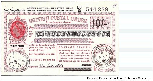 B.F.P.O. 177 1962 10 Shillings postal order.

Extremely rare unknown British Field Post Office issue. Banknote
