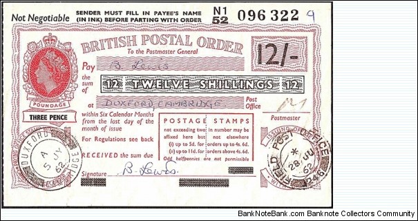 B.F.P.O. 246 1962 12 Shillings postal order.

Extremely rare unknown British Field Post Office issue. Banknote
