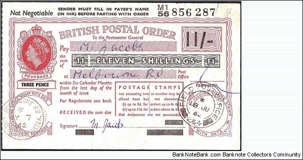 B.F.P.O. 254 1962 11 Shillings postal order.

Extremely rare unknown British Field Post Office issue. Banknote