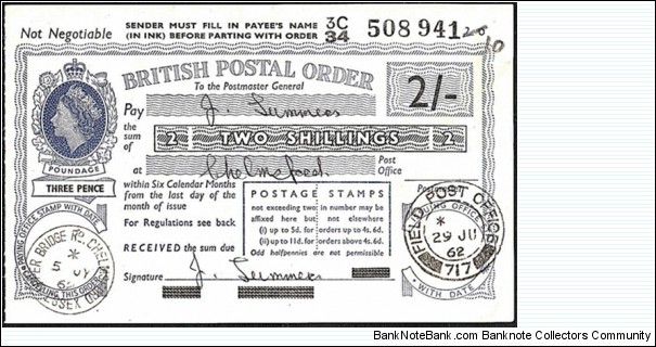 B.F.P.O. 717 1962 2 Shillings postal order.

Extremely rare unknown British Field Post Office issue. Banknote