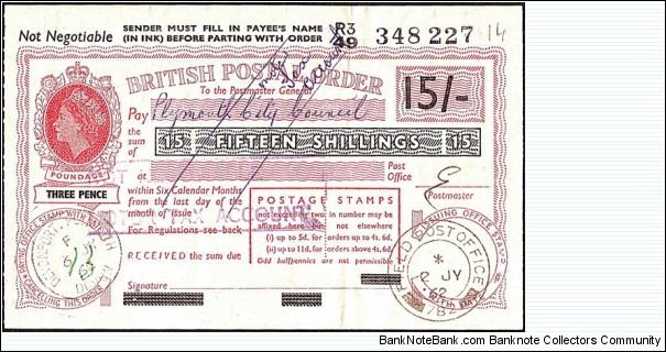 B.F.P.O. 782 1962 15 Shillings postal order.

Extremely rare unknown British Field Post Office issue. Banknote