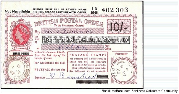 B.F.P.O. 974 1962 10 Shillings postal order.

Extremely rare unknown British Field Post Office issue. Banknote