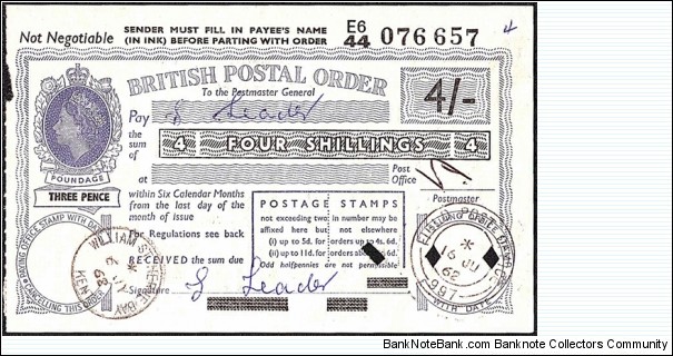 B.F.P.O. 997 1962 4 Shillings postal order.

Extremely rare unknown British Field Post Office issue. Banknote