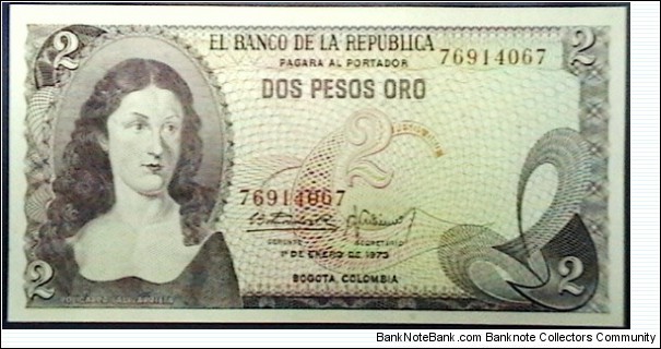  Colombia 1973 2 Pesos Oro P 413a  Banknote