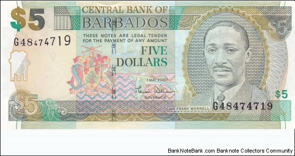 Barbados P67 (5 dollars 1/5-2007) Banknote