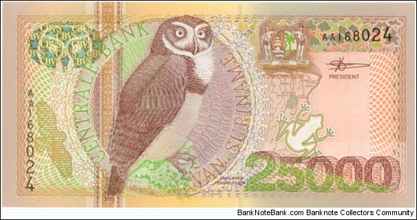 Suriname p154 25000 Gulden 2000 UNC
Spectacled Owl
Back: Flowers and long leaves Banknote