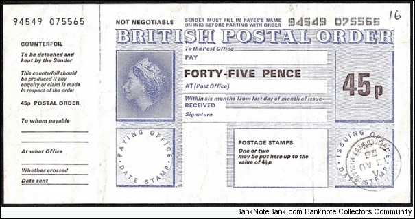 England 1975 45 Pence postal order. Banknote